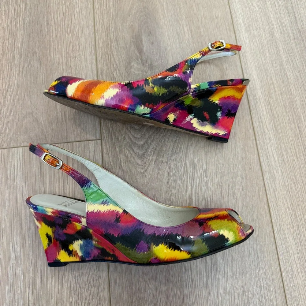 RARE Stuart Weitzman Multi-Color Ikat Patent Leather Peep Toe Wedge Sandals 8M - Picture 8 of 9